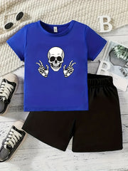 Boy's Happy Skull Print 2pcs Set: T-shirt & Shorts
