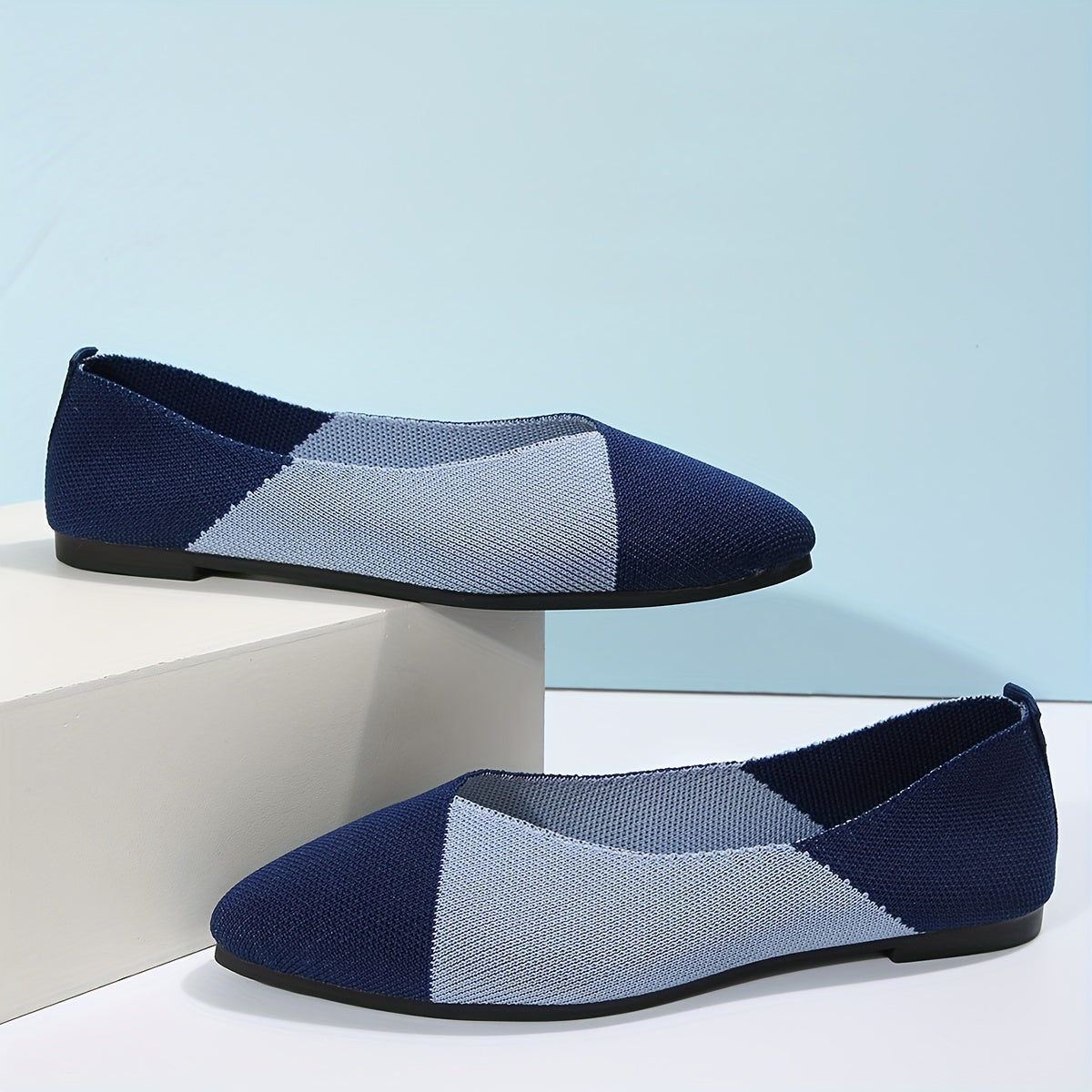 Colorblock Pointed Toe Knitted Slip On Ballet Flats