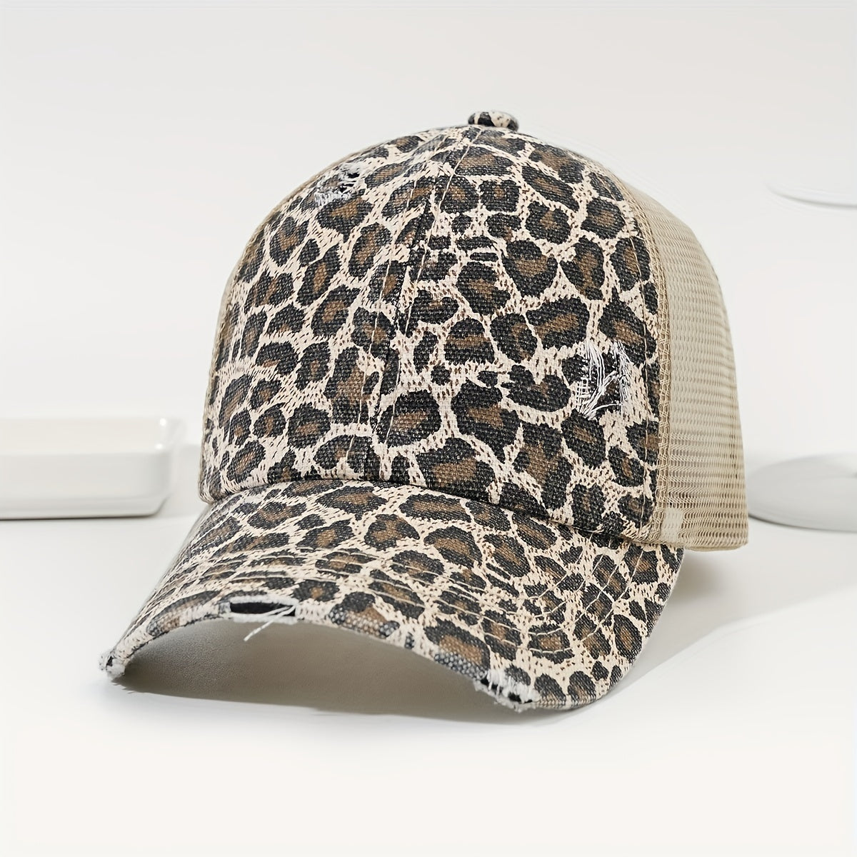 Leopard Print Ponytail Baseball Cap Mesh Trucker Hat