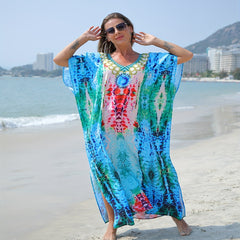  Boho Cover Up Women's Plus Tribal Print Batwing Sleeve V Neck Split