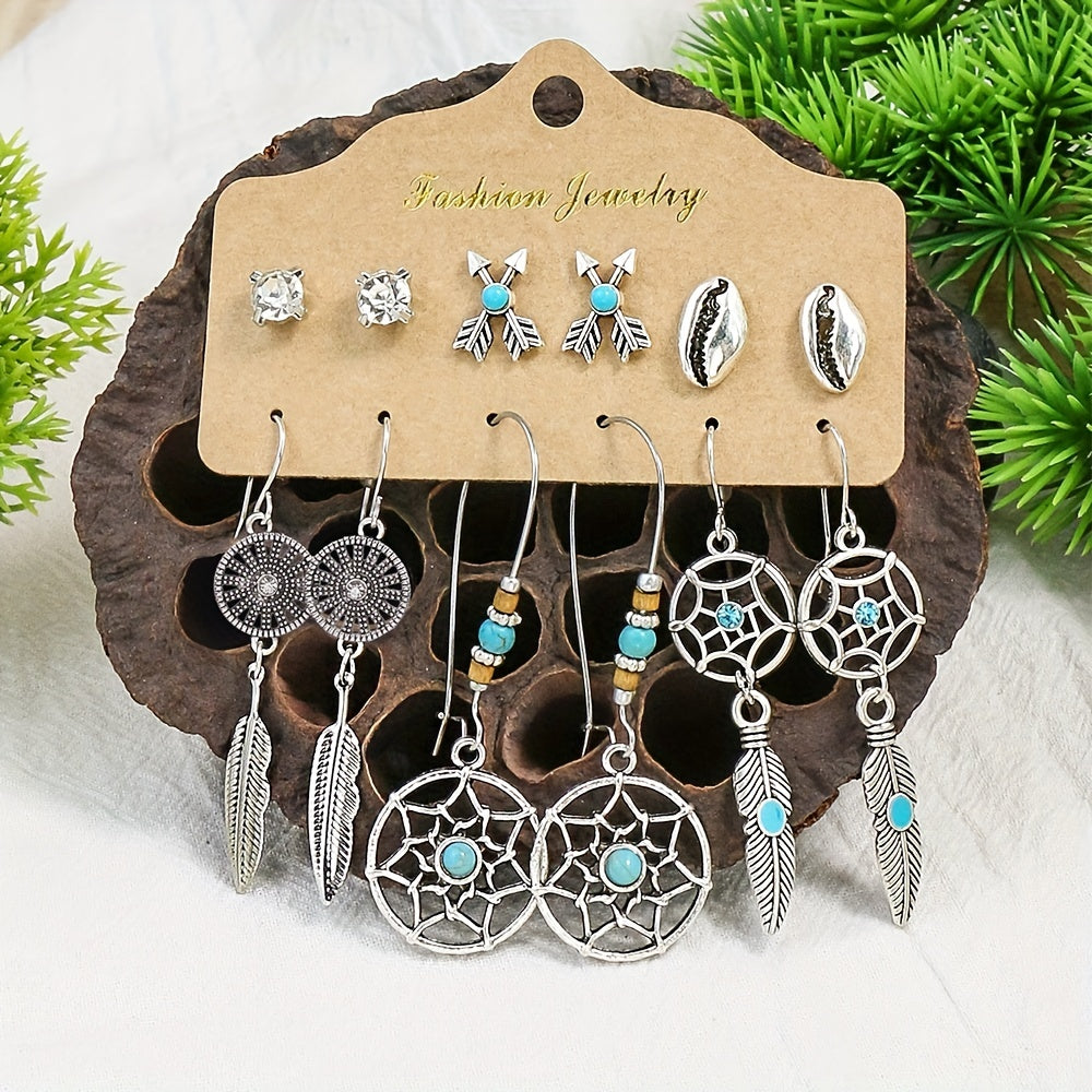 Boho Holiday Earrings Set Silver Geometric Retro Ear Jewelry