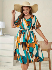  Graphic Print V Neck Dress With Belt