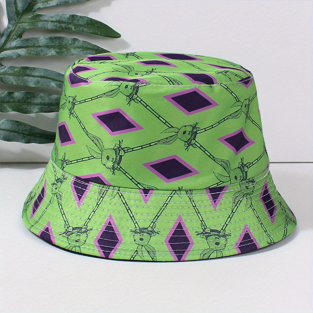 Green Rabbit Print Bucket Hat Lightweight Casual Fisherman Cap