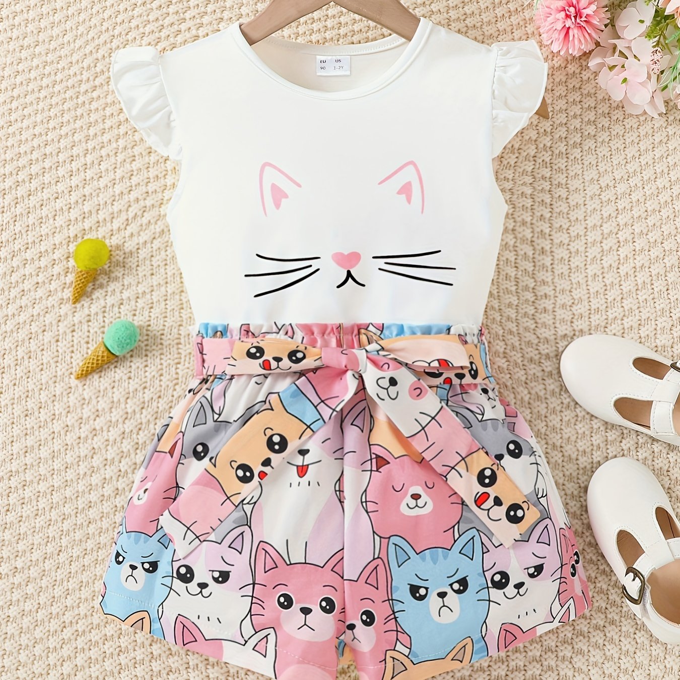 Girls Cat Graphic Top & Belted Shorts Set Kids Summer Clothes
