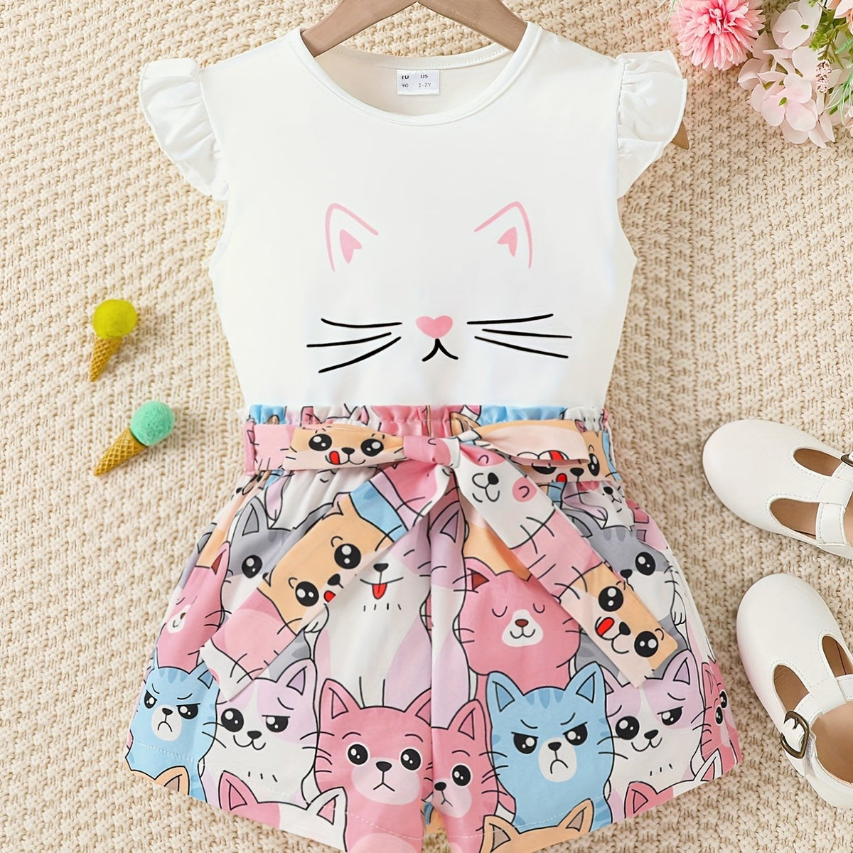 Girls Cat Graphic Top & Belted Shorts Set Kids Summer Clothes