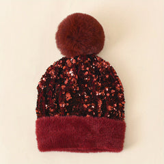Sequins Pompom Decor Beanie Thick Warm Knit Hat Plush Coldproof Knit Beanie