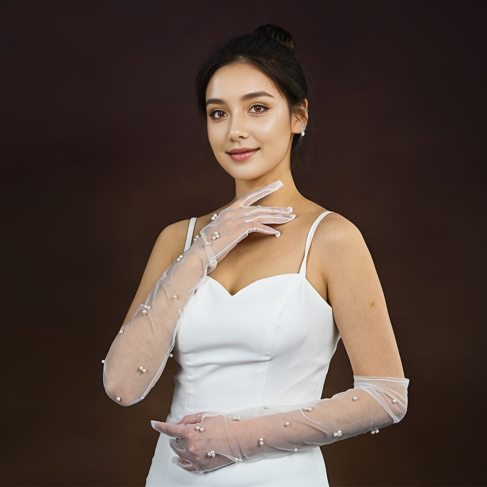 Classic Beaded Bridal Gloves with Arm Coverage