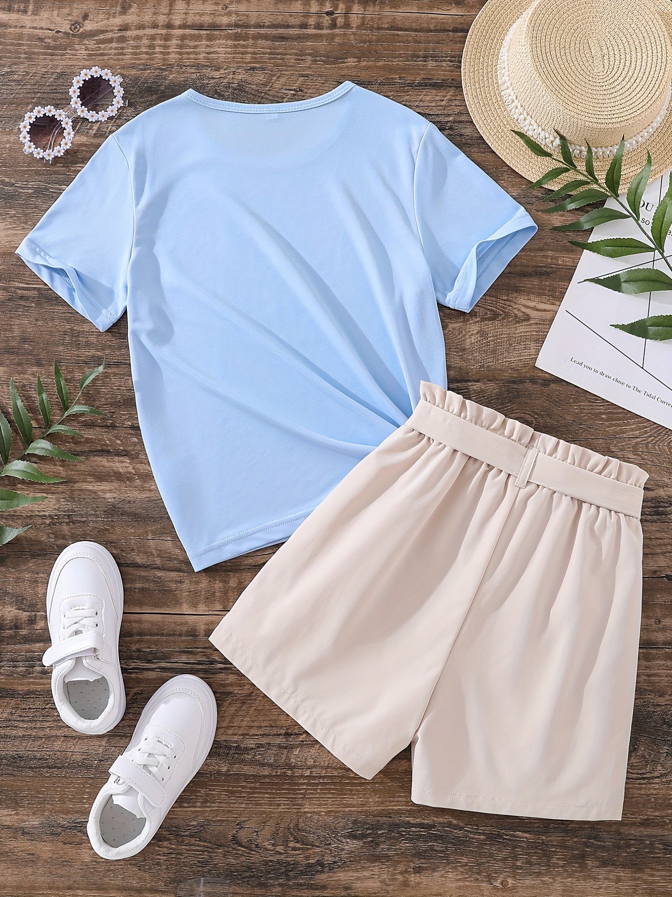 Girls Flowers Graphic Tee & Belted Shorts Set Summer Outfit