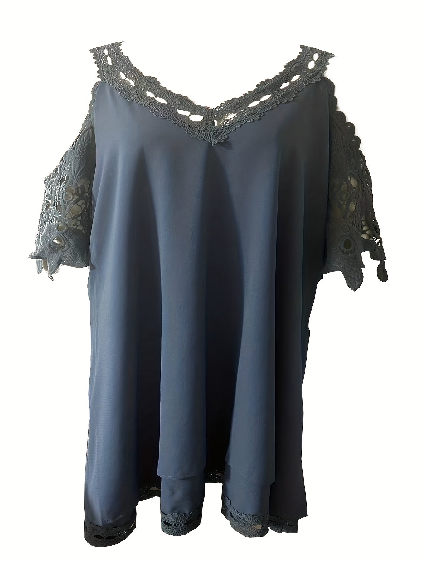  Cold Shoulder Lace Panel V Neck Dress