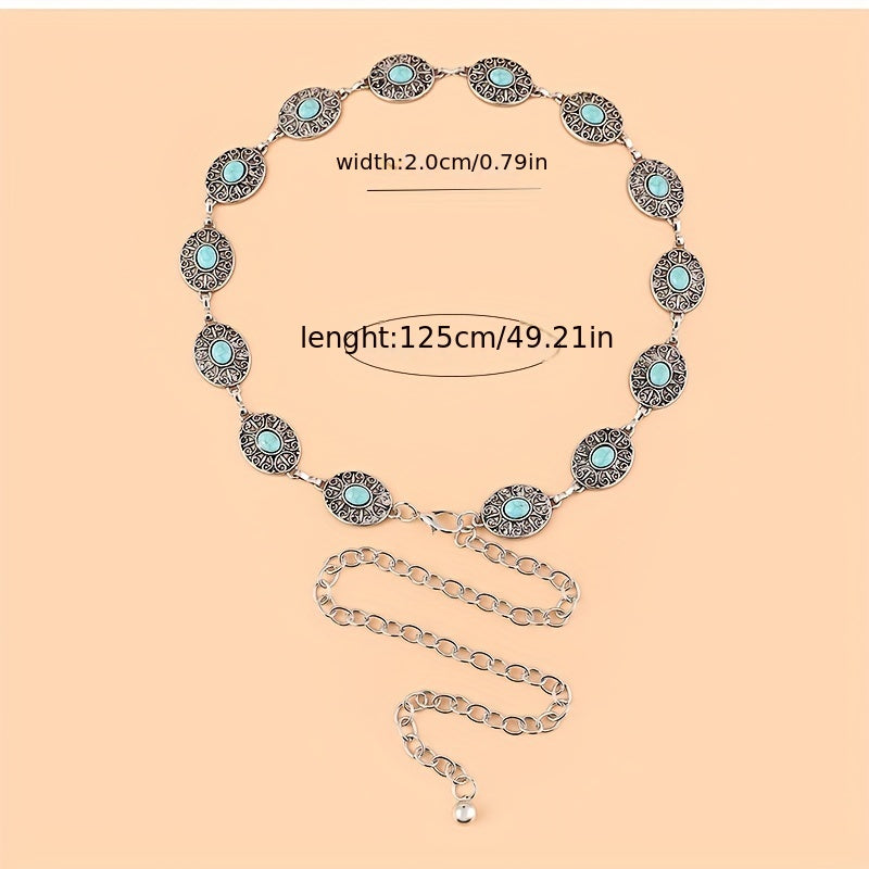 Vintage Western Style Turquoise Waist Chain Engraved Metal Belt