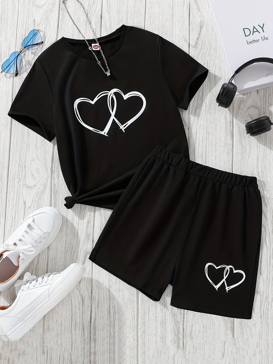 Girls 2pcs Love Heart Print Top & Shorts Set Summer