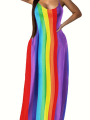  Colorful Stripe Print V Neck Cami Maxi Dress