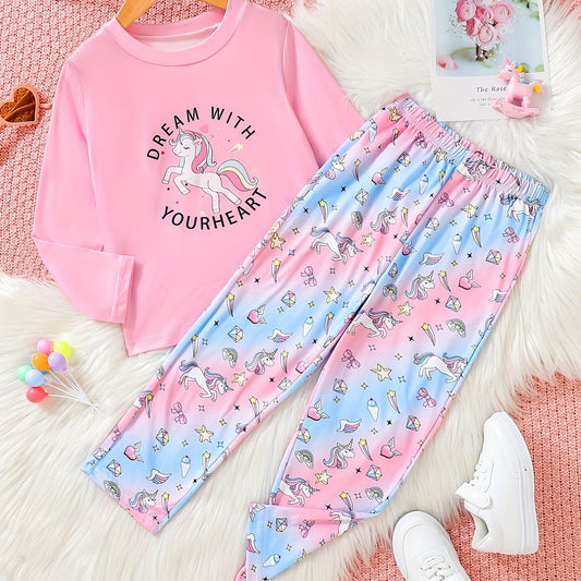 Unicorn Pattern Outfit 2pcs Top & Pants Set for Girls
