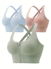 3pcs Zipper Sports Bras High Impact Criss Cross Back Bra Women's Lingerie