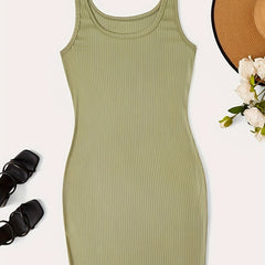  Basic Cami Dress Solid Ribbed Round Neck High Stretch Mini Summer Dres