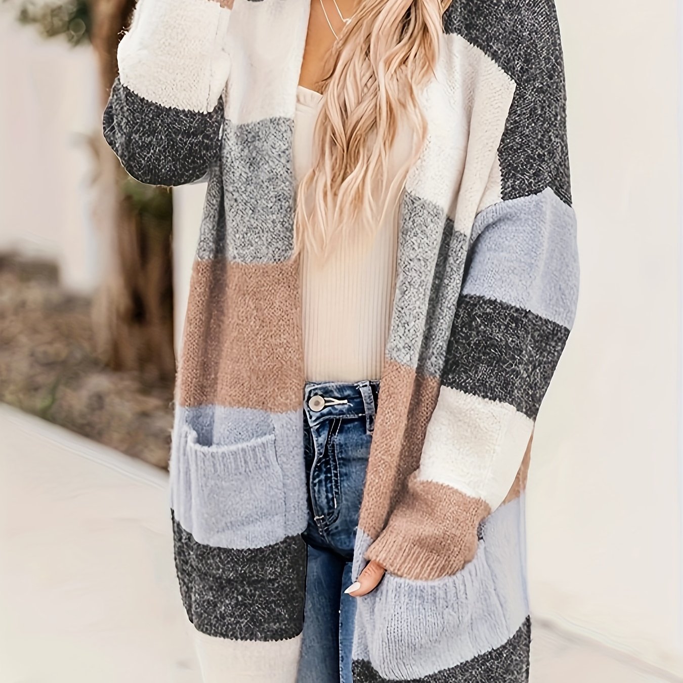  Colorblock Open Front Cardigan With Pockets