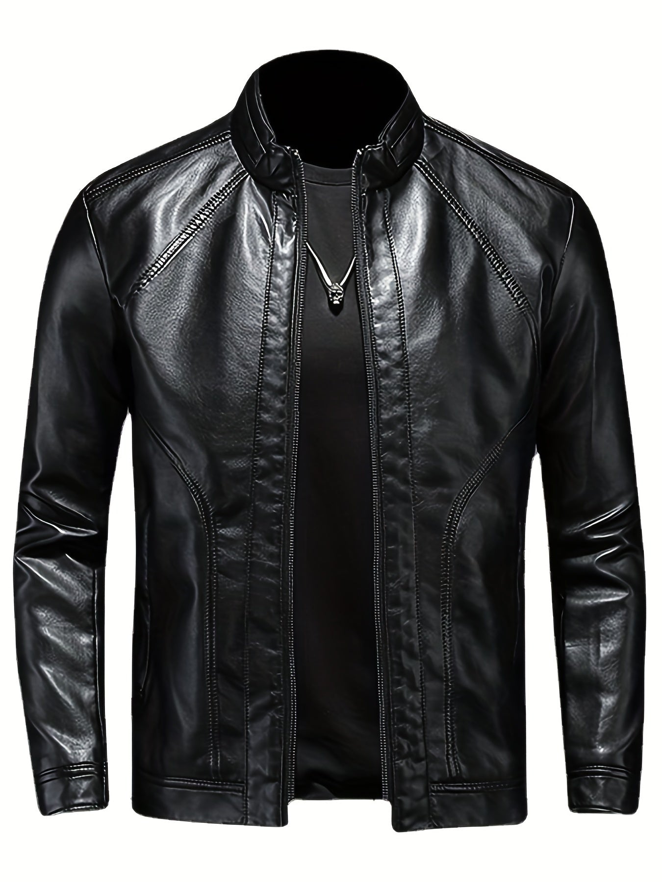 Men's PU Leather Motorcycle Jacket Stand Collar Zipper Closure