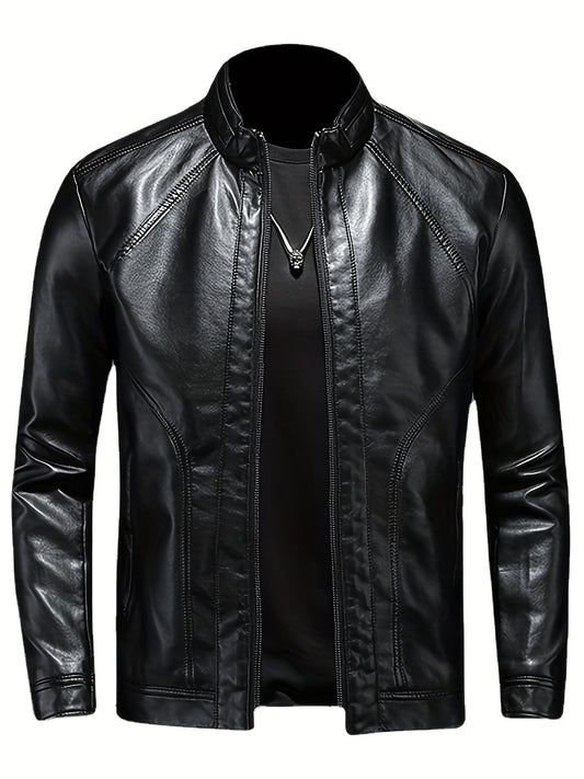 Men's PU Leather Motorcycle Jacket Stand Collar Zipper Closure