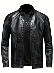 Men's PU Leather Motorcycle Jacket Stand Collar Zipper Closure