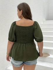  Solid Twist Front Puff Sleeve Ruffle Peplum Blouse