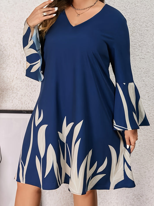  Women's Floral Print Bell Sleeve V Neck Casual Dress