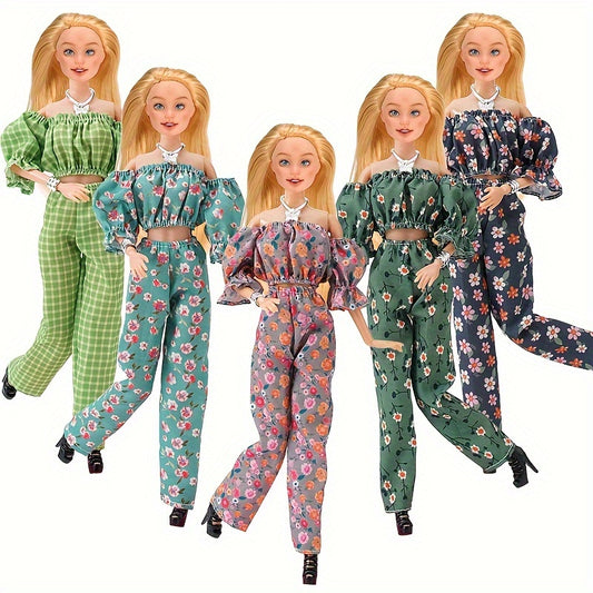 Floral Doll Dress Set One Shoulder Doll Outfit with Accessories