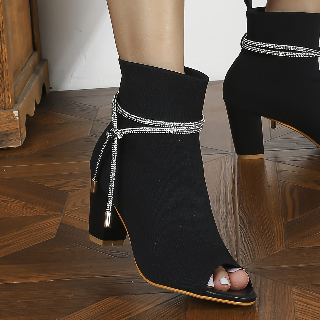Women's Rhinestone Ankle Stretch Boots Chunky Heel Slip On Comfortable Booties