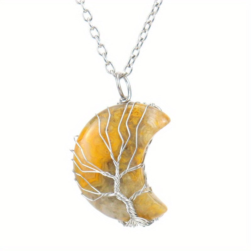 Moon Necklace Fortune Tree Natural Stone Amethyst Pendant