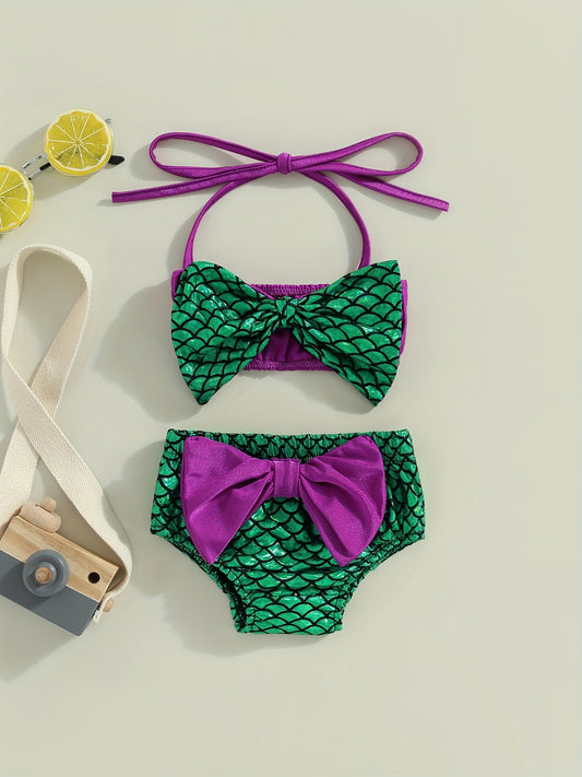 Baby Girls Mermaid Bow Swimsuit Sets Halter Neck Tops & Bottoms