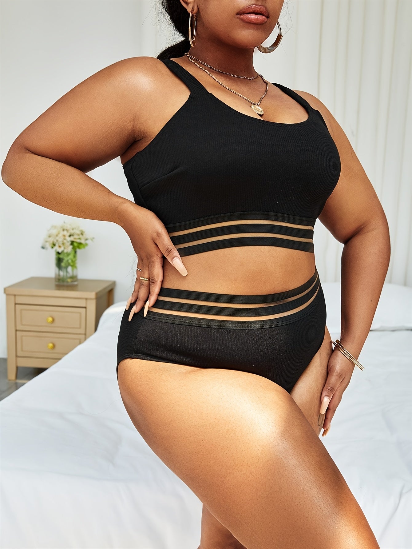  Striped Bikini Set Round Neck Swimsuit 2 Piece