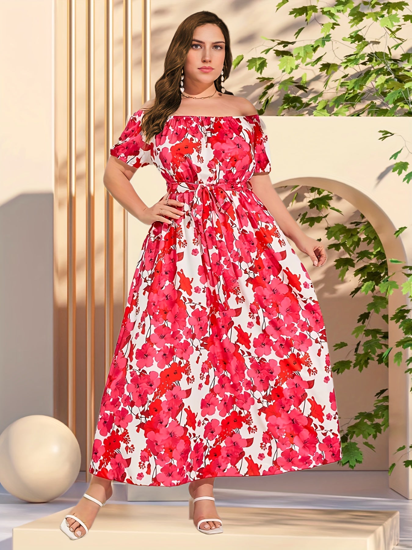 Floral Print Off Shoulder Maxi Dress With Belt