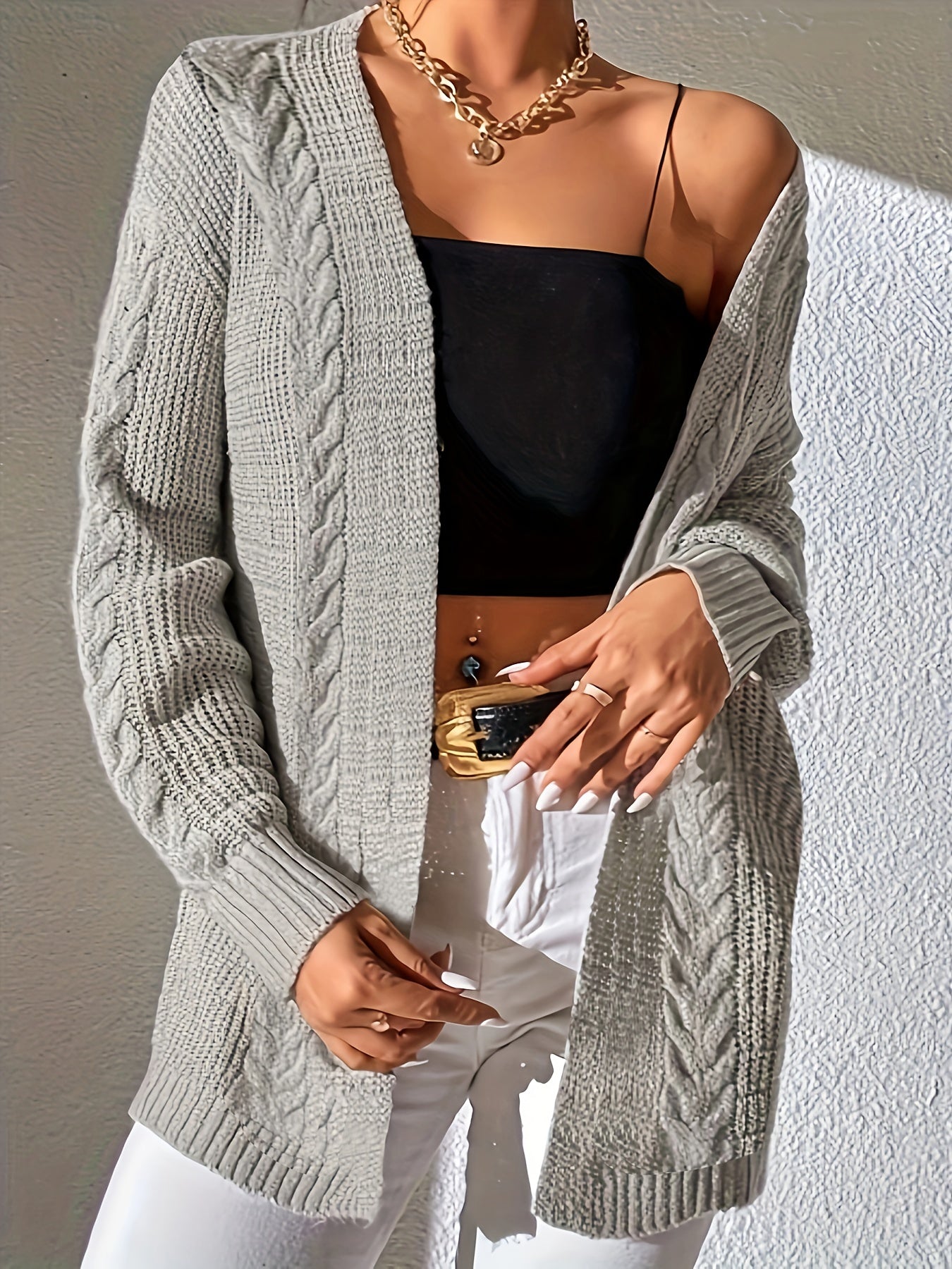  Retro Cardigan Solid Cable Knit Long Sleeve Open Front Cardigan