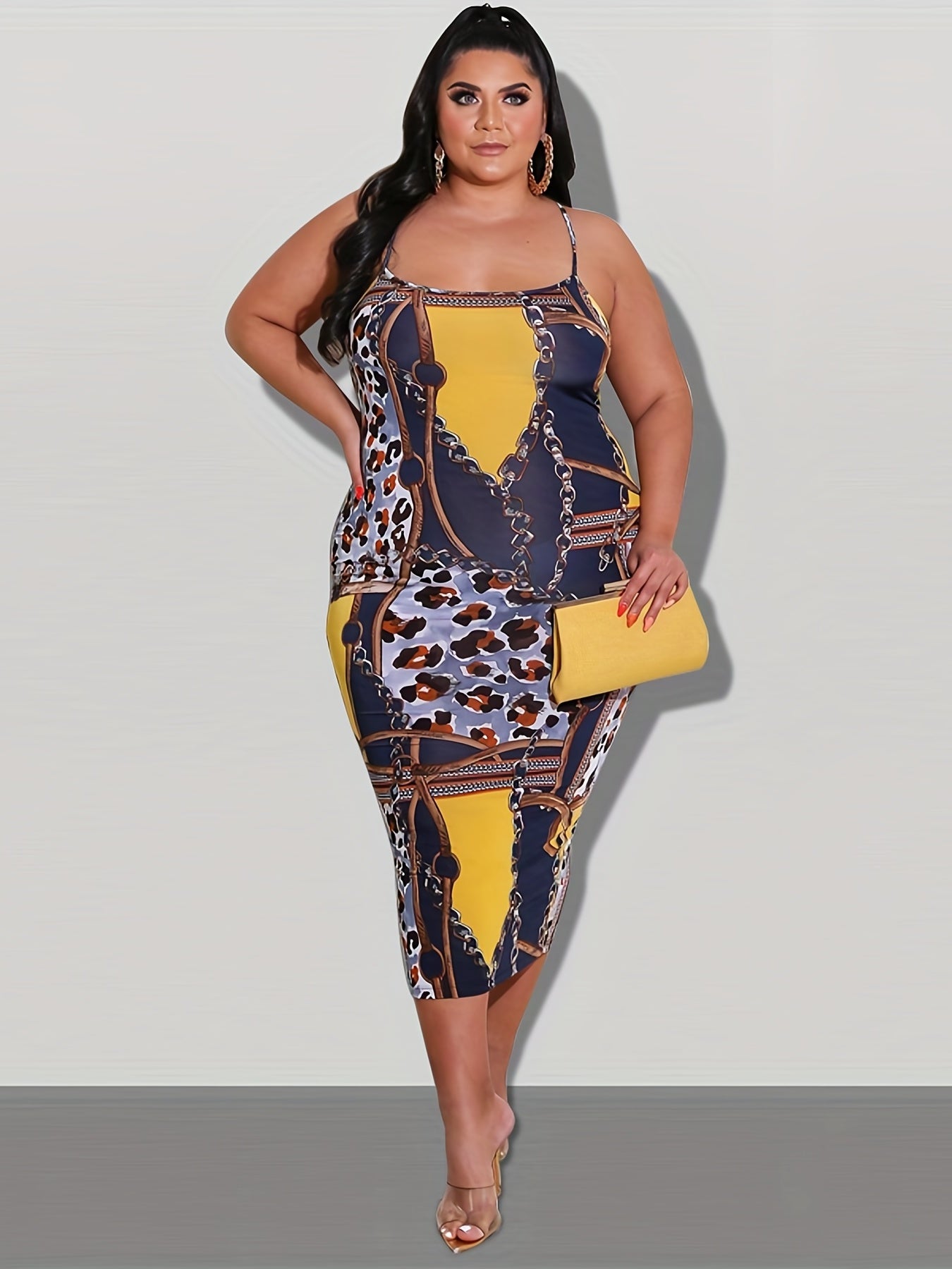  Leopard & Chain Print Round Neck Cami Dress