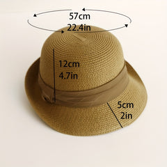 Rolled Brim Straw Fedora Sun Hat Unisex Jazz Cap Solid Color Summer Beach Hats