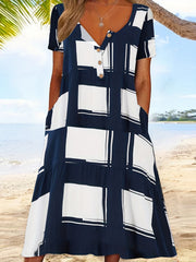  Grid Print Short Sleeve Dress with Pockets