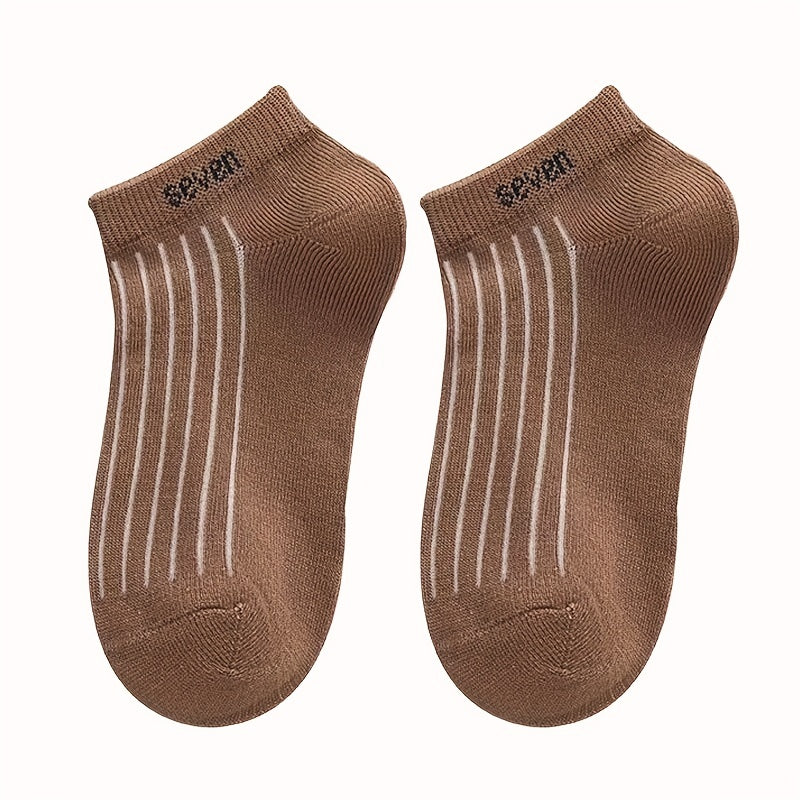 5 Pairs Kids 'Seven' Print Ankle Socks Boys Girls Thin Cotton Striped Boat Socks