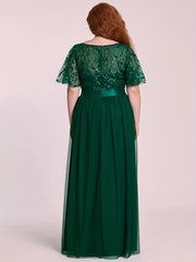 Mesh Contrast Maxi Party Dress Short Sleeve Crew Neck Evening Wear