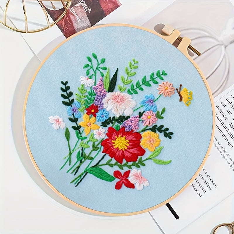 Flower Leaf & Butterfly Embroidery DIY Self Embroidery Set With Hoop