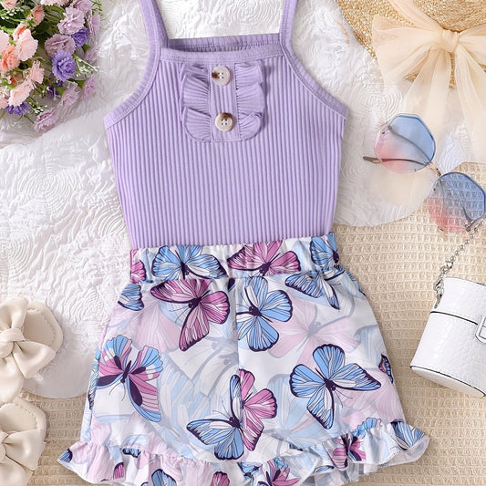 Girl's Ribbed Cami Top and Butterfly Print Shorts Set