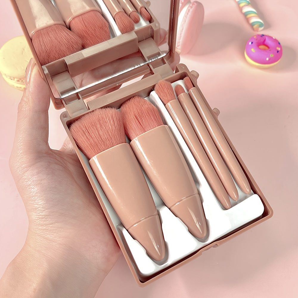 5pc Makeup Brush Set w/ Mirror & Storage Box Portable Soft Fiber Cosmetic Kit