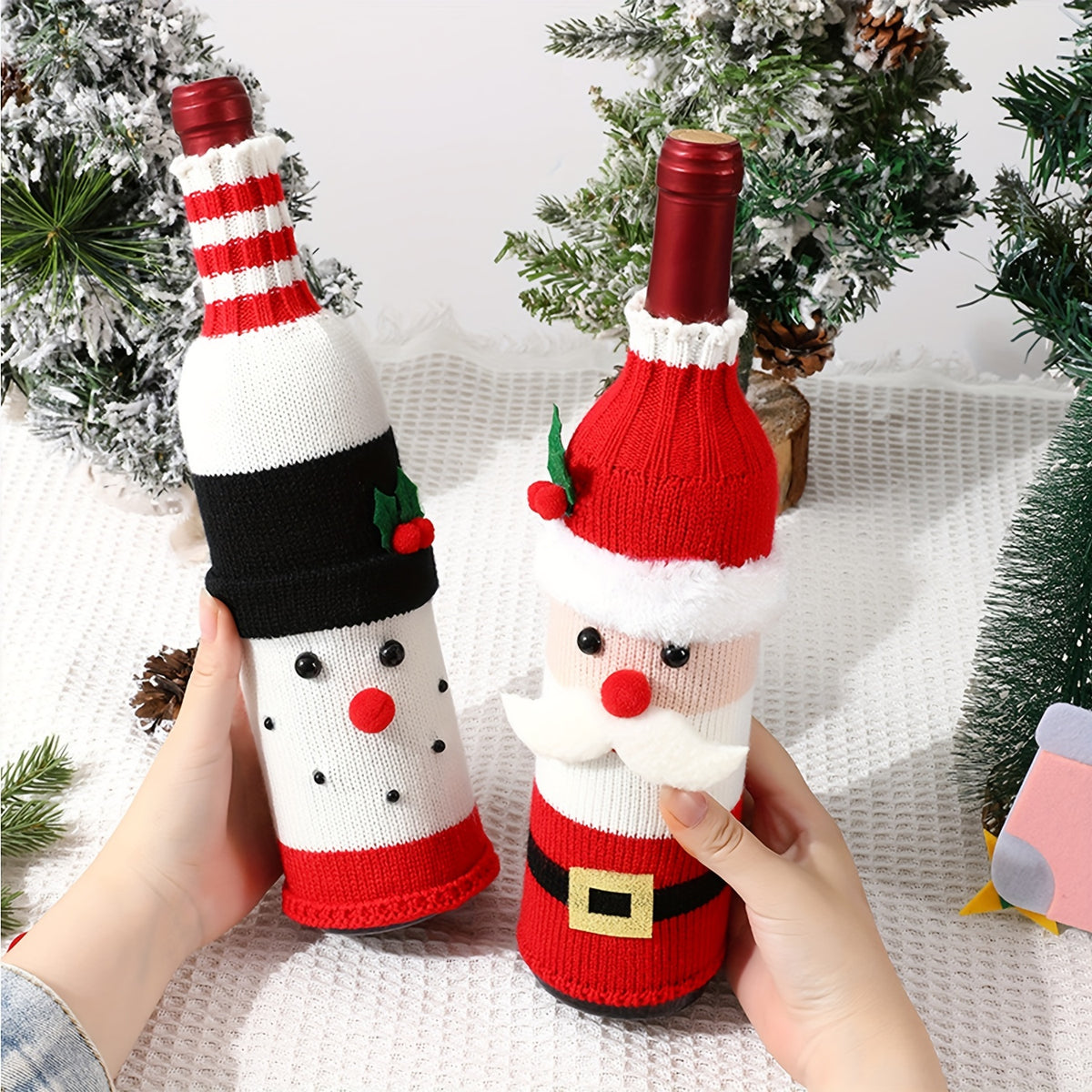 2 Pack Christmas Wine Bottle Set Cartoon Knit Snowman Santa Decoration