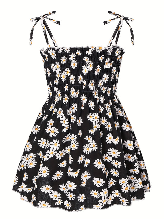 Toddler Girls Daisy Graphic Frill Trim Shirred Bow Shoulder Princess Cami Dress
