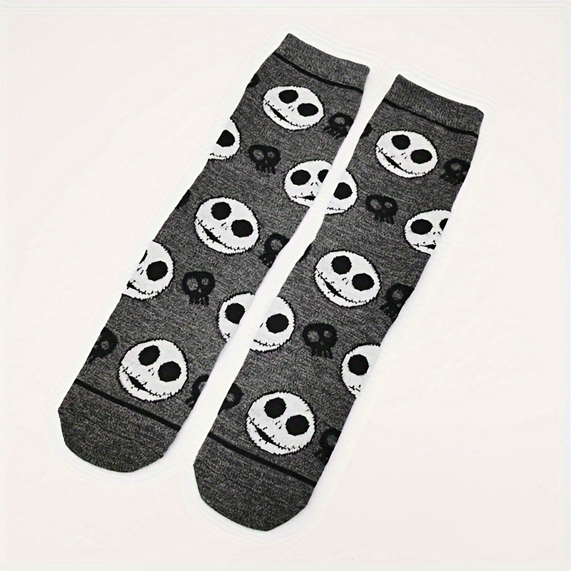 Skull Print Socks Comfy Funny Halloween Crew Socks Women's