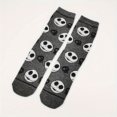 Skull Print Socks Comfy Funny Halloween Crew Socks Women's