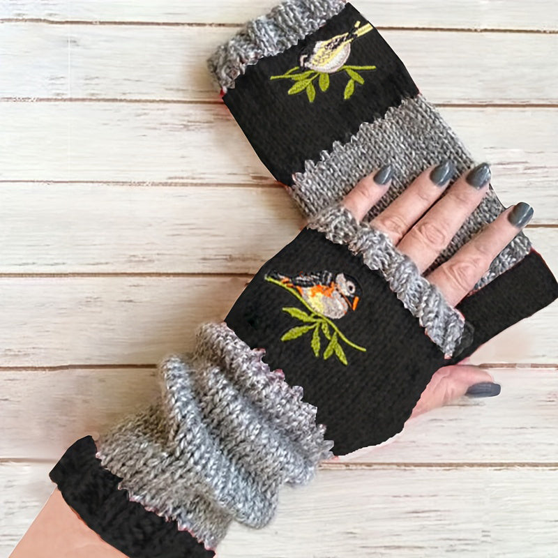 Embroidered Bird Knit Fingerless Gloves Vintage Style