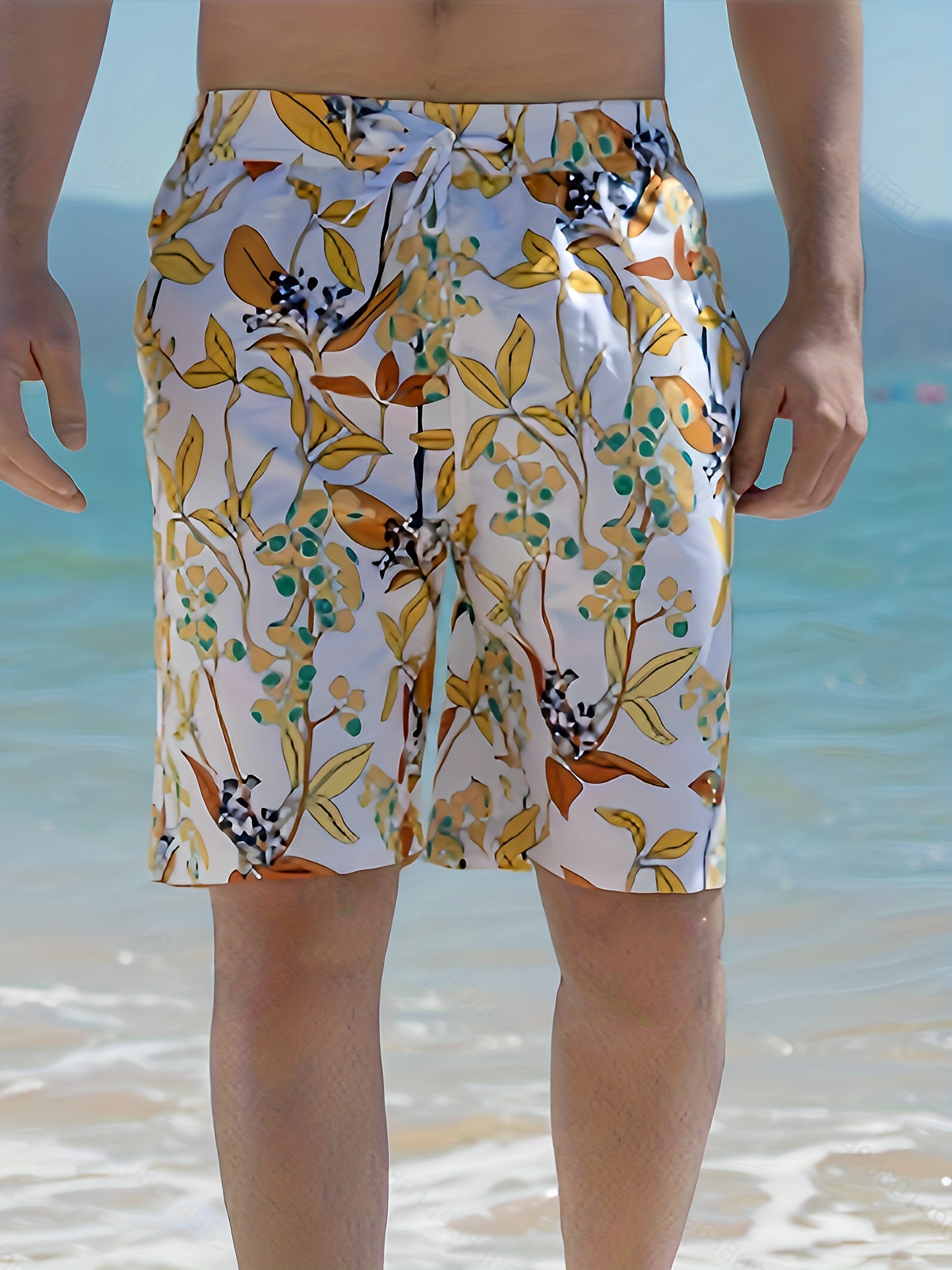 Men's Floral Beach Shorts Elastic Waist Swim Trunks