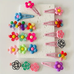 12pcs Baby Girls Snap Clip Cartoon Flower PVC Hair Clip