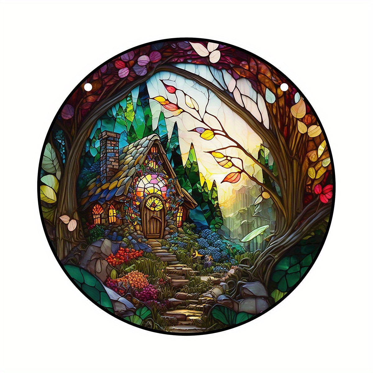 Forest House Suncatcher Stained Plastic Window Hanging Home Garden Decor