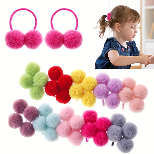 Colorful Plush Pompom Hair Ties - Girls' Decorative Accessory