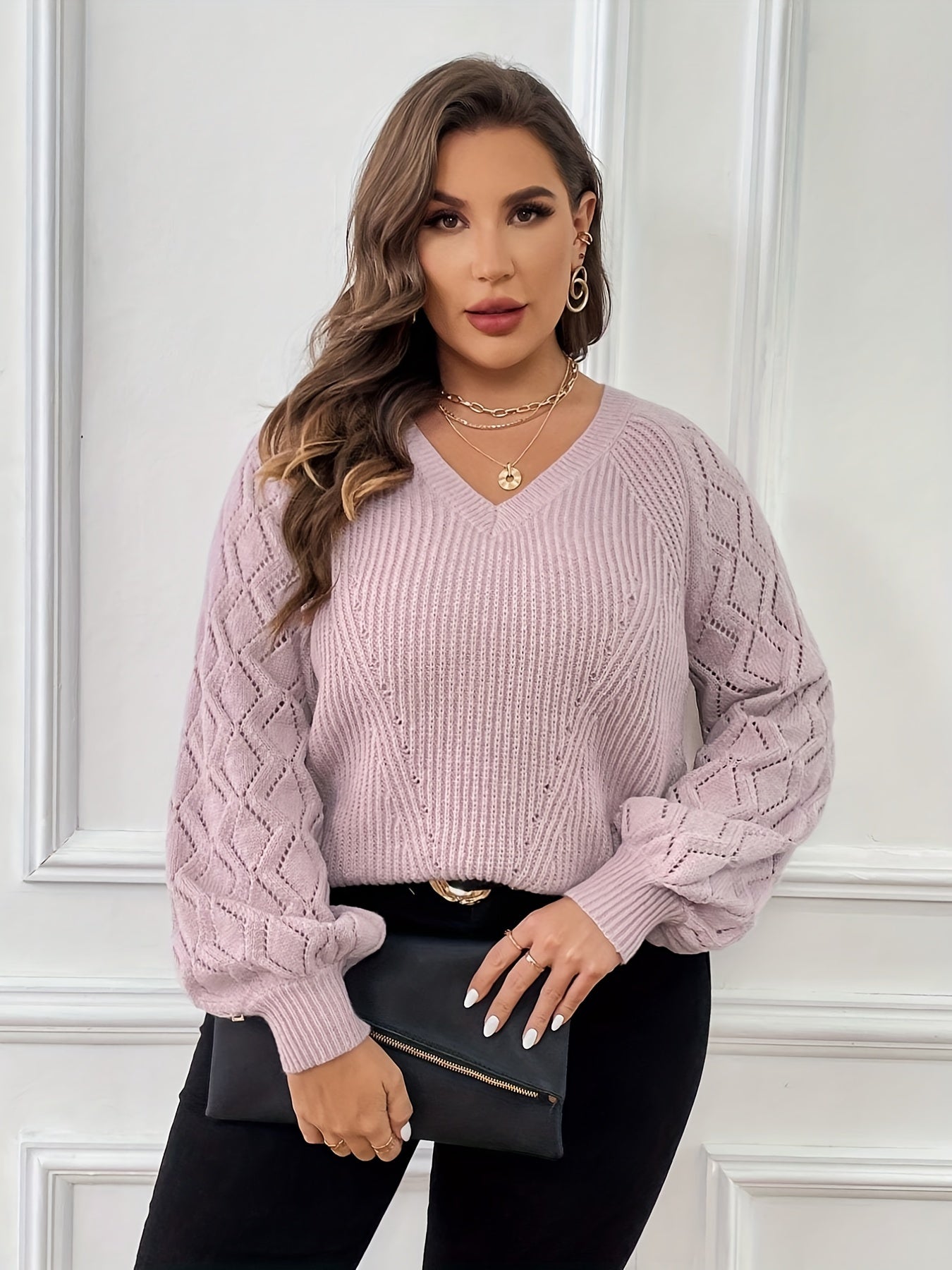  Solid Argyle Pattern Lantern Sleeve V Neck Sweater